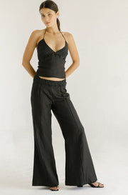 black linen camisole singlet top with floral embroidery