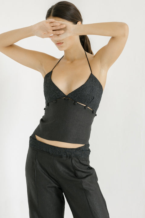 black linen camisole singlet top with floral embroidery