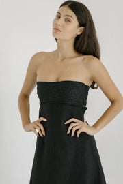 black linen strapless bustier maxi dress with floral embroidery