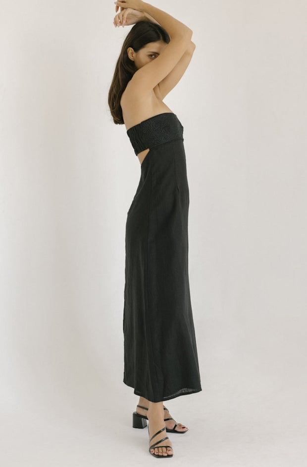 black linen strapless bustier maxi dress with floral embroidery