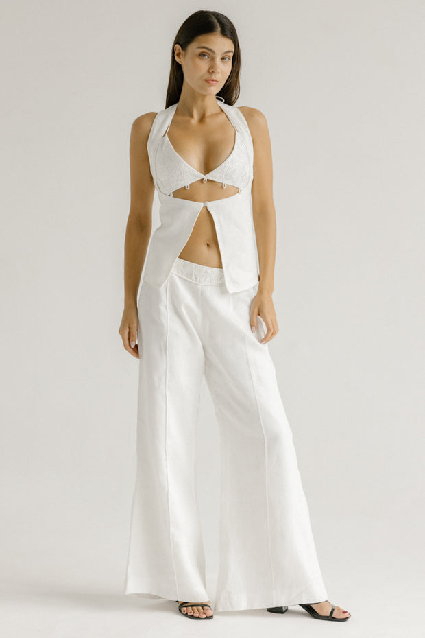 white linen vest and bralette with floral embroidery 