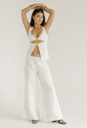 white linen vest and bralette with floral embroidery 