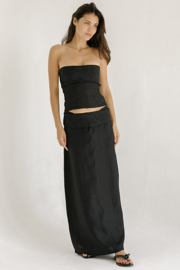 black linen strapless bustier top with floral embroidery