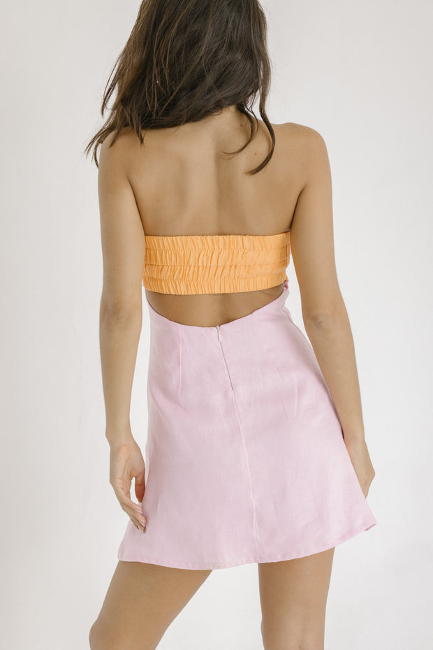 Pink and orange linen strapless bustier mini dress with floral embroidery