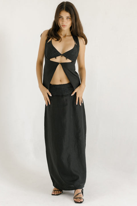 black linen vest and bralette with floral embroidery 