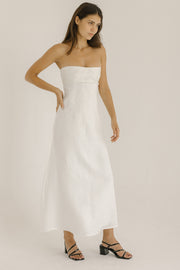 white linen strapless bustier maxi dress with floral embroidery