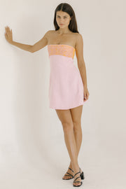Pink and orange linen strapless bustier mini dress with floral embroidery 