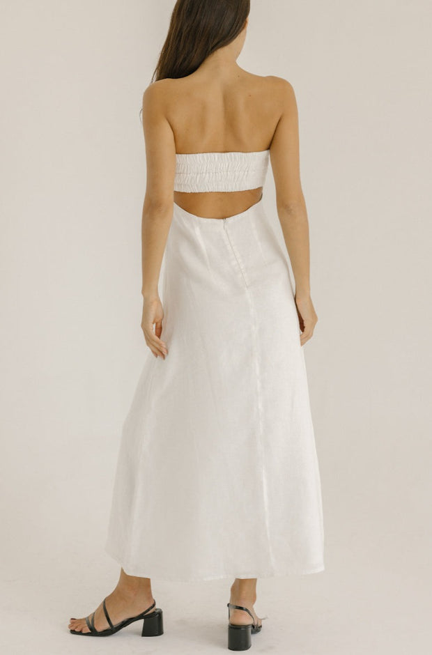 white linen strapless bustier maxi dress with floral embroidery