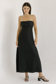 black linen strapless bustier maxi dress with floral embroidery