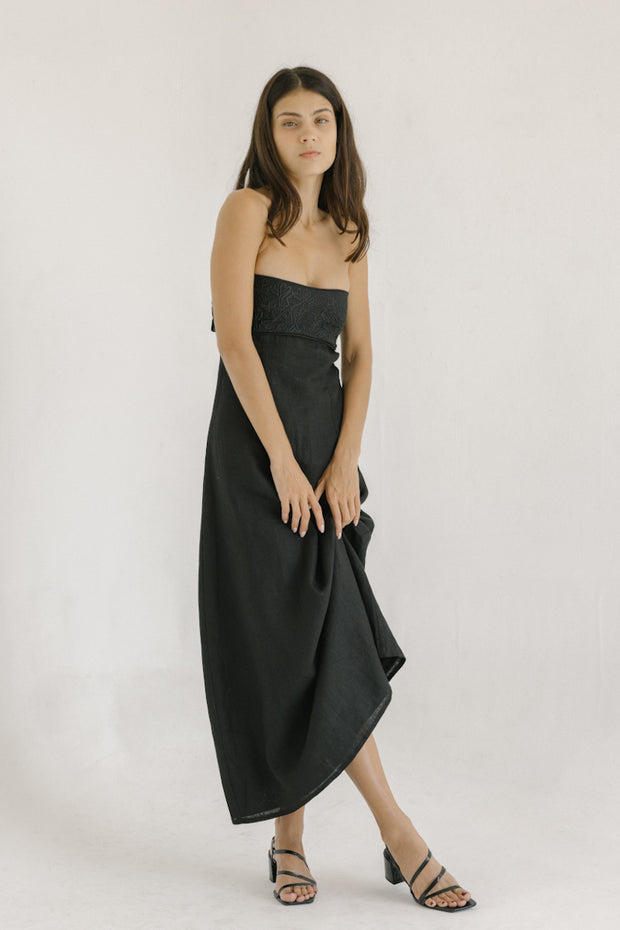 black linen strapless bustier maxi dress with floral embroidery