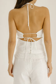white linen camisole singlet top with floral embroidery
