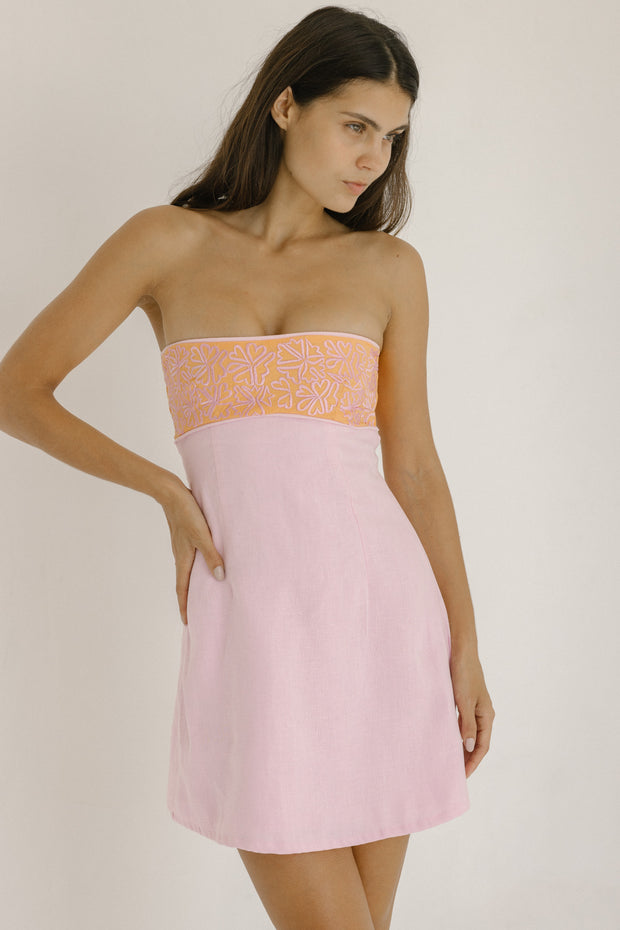 Pink and orange linen strapless bustier mini dress with floral embroidery