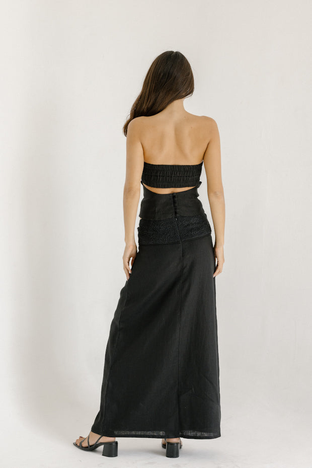 tailored linen black maxi skirt with floral embroidery