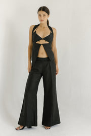 tailored black linen pant with floral embroidery