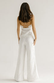 tailored white linen pant with floral embroidery