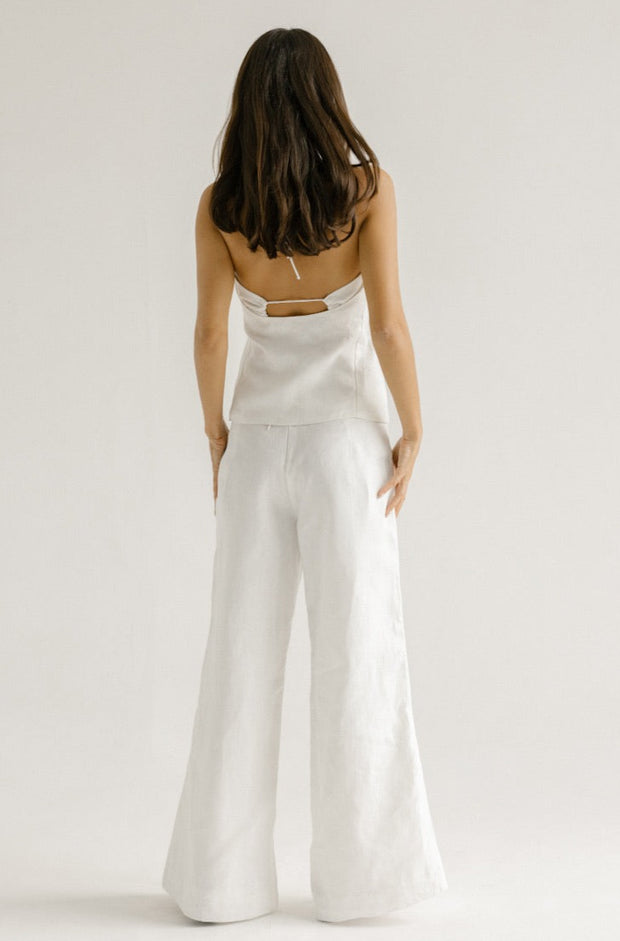 tailored white linen pant with floral embroidery