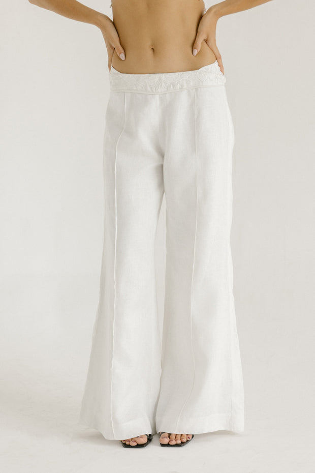 tailored white linen pant with floral embroidery