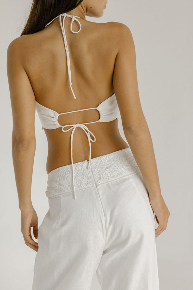 tailored white linen pant with floral embroidery