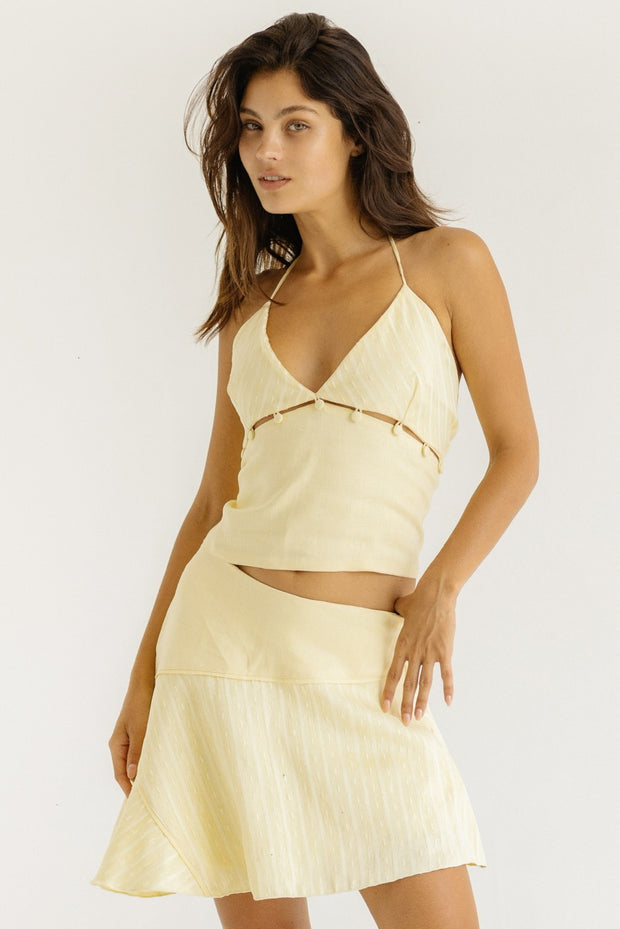 Butter Yellow Linen Asymmetric Skirt with Jacquard Detailing