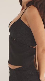 black linen camisole singlet top with floral embroidery