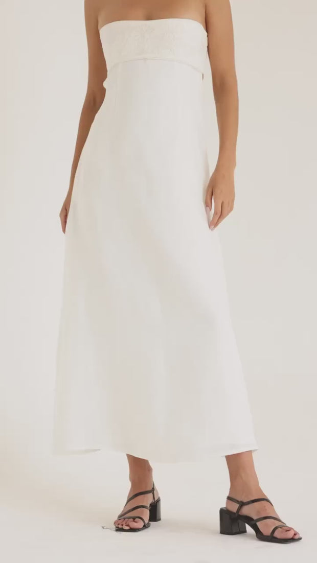 white linen strapless bustier maxi dress with floral embroidery