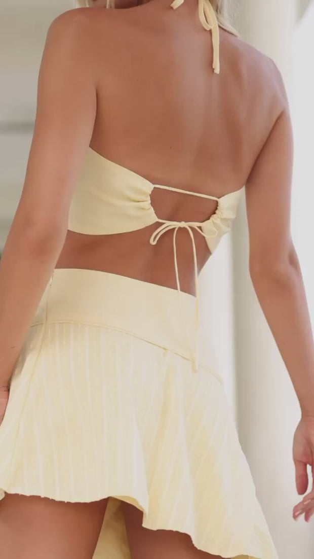 Butter Yellow Linen Halter Top with Jacquard Detailing
