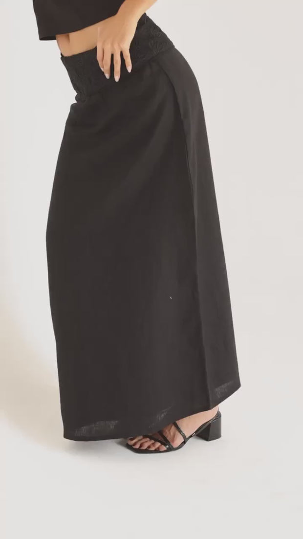 tailored linen black maxi skirt with floral embroidery
