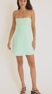 Aqua and Mint linen strapless bustier mini dress with floral embroidery
