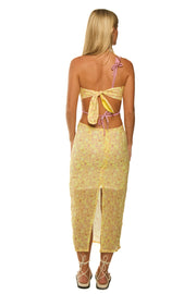 Yellow sarong midi dress with matching linen bandeau crop.