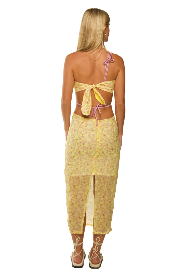 Yellow sarong midi dress with matching linen bandeau crop.