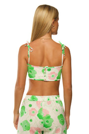 Green, pink and white linen crop with floral pattern made for women.