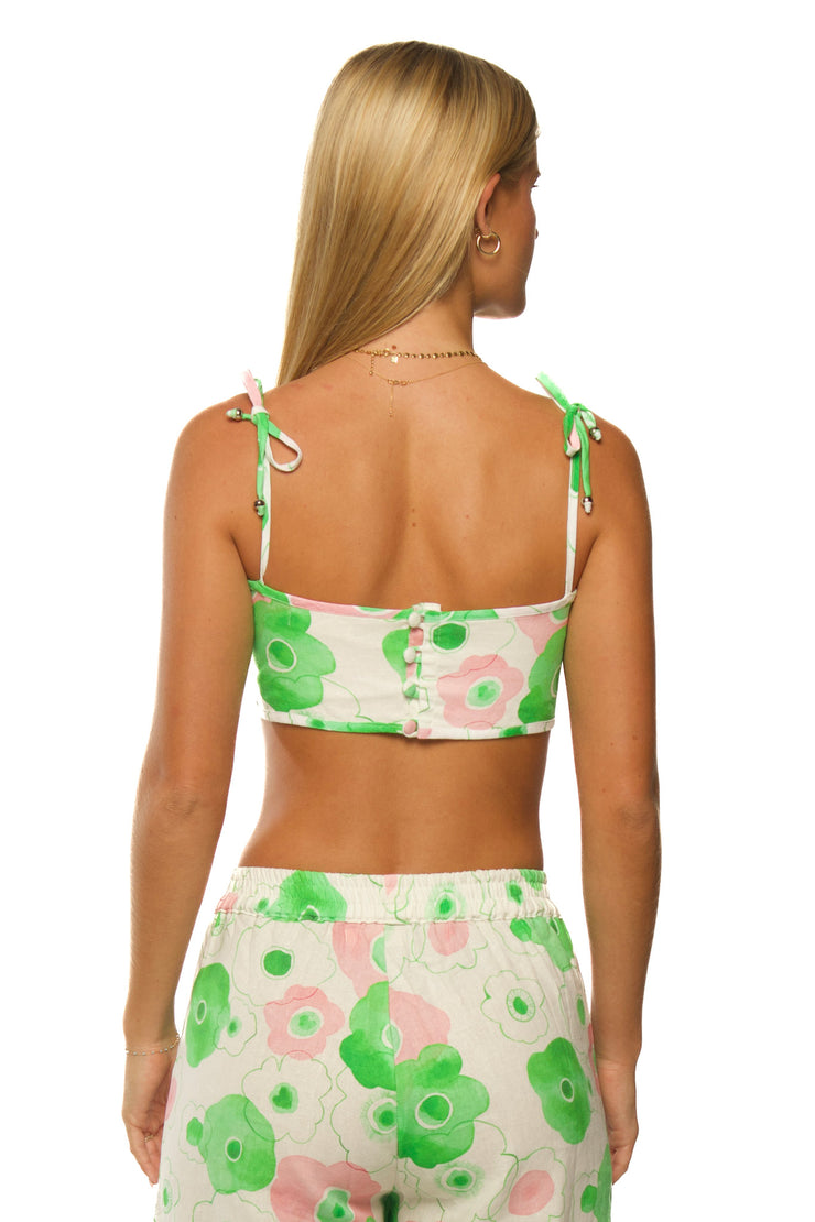 Green, pink and white linen crop with floral pattern made for women.