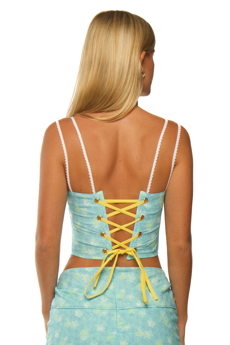 Blue linen corset top with lace detailing for women.